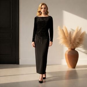 Vintage 80s Black Maxi Dress Size 14 Velvet Burnout Goth Vamp Fringe Silk Blend